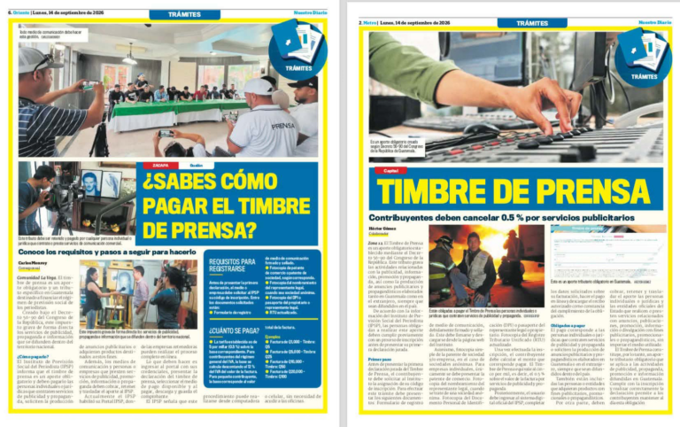 Nuestro Diario difundió información sobre el Timbre de Prensa en sus distintas ediciones regionales, con contenidos sobre su obligatoriedad, formas de pago y gestión en línea.